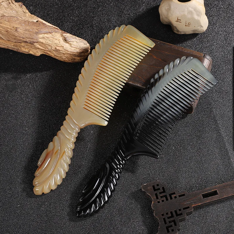 Natural Yak Horn Comb Handmade Carving Anti-Static Fine Tooth Head Scarping Massage Comb for Women Men All Hair Style