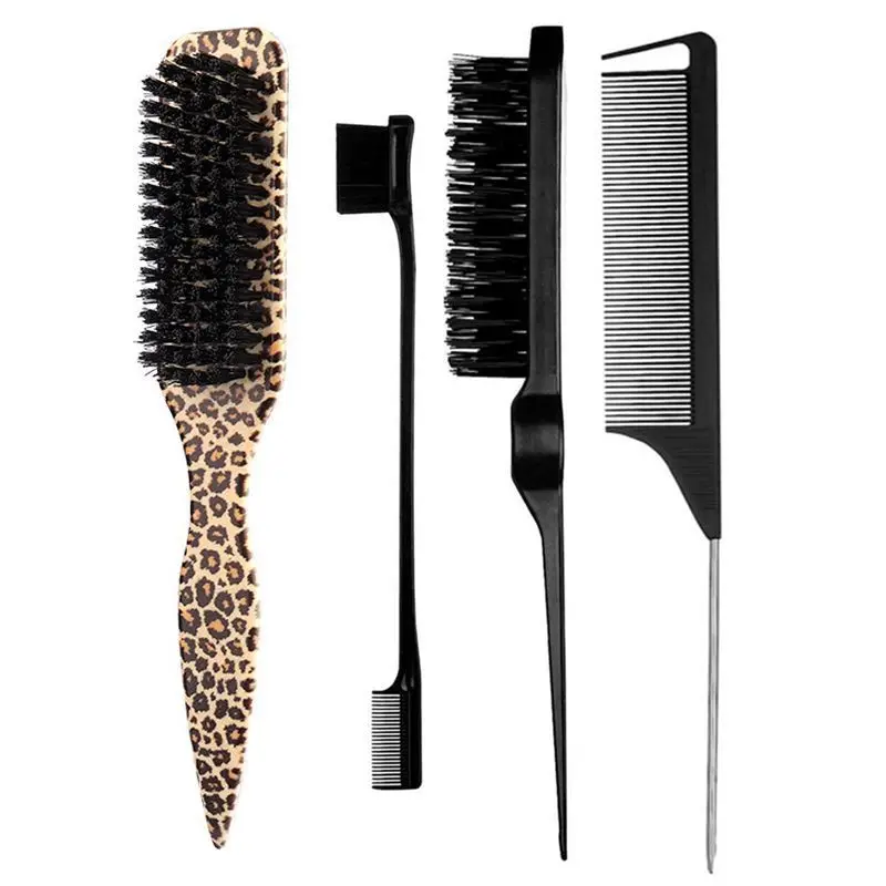 Slick Back Hair Brush Set Leopard Printed Set Smoothing Brush Boar Bristle Slick Back Hair Brush Styling Accessories for Women