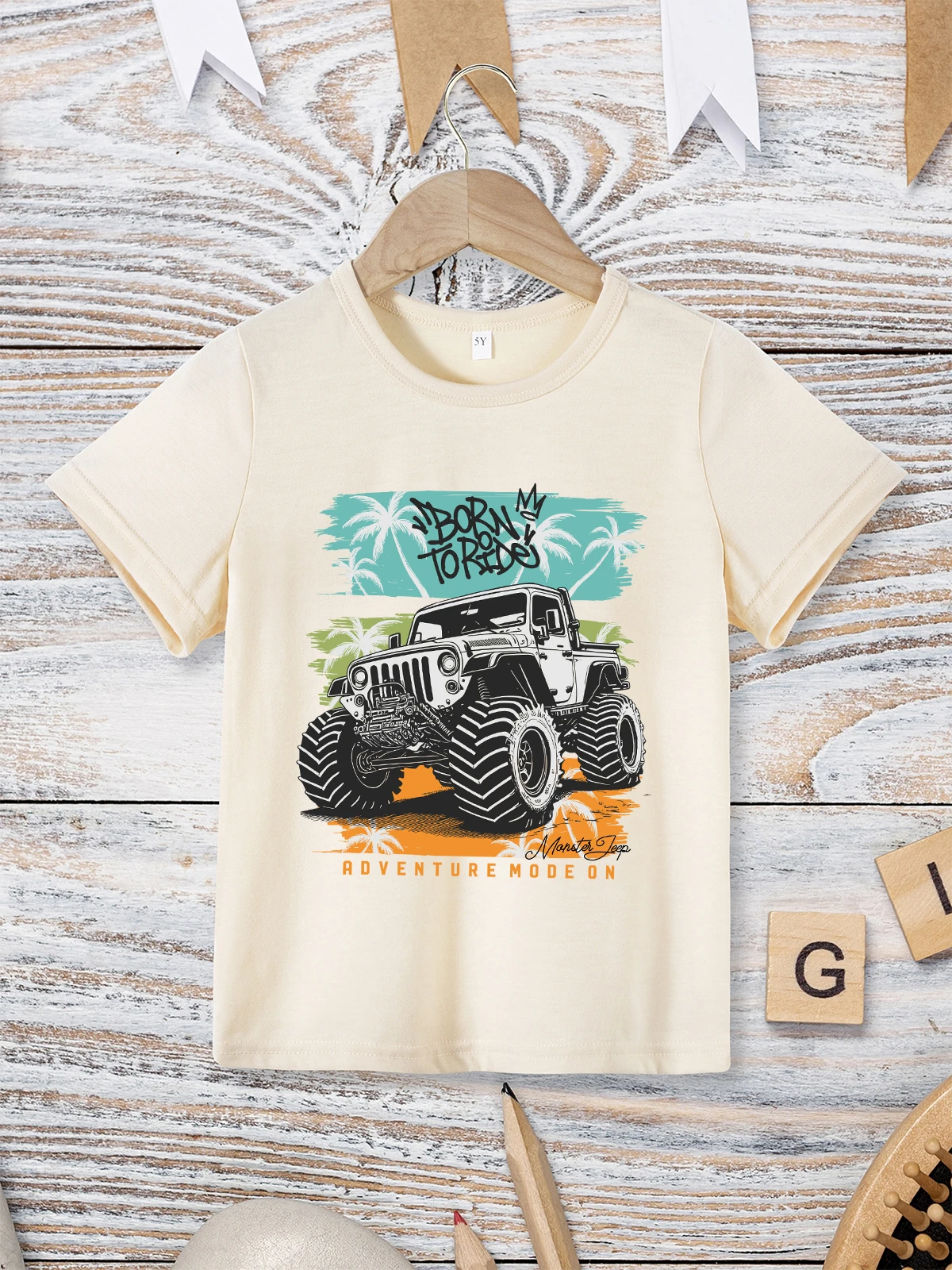 Monster Truck Hipster Boys Shirt Summer Outdoor Adventure Fashion Children\'s Clothing Short Sleeve Black Tops Street Casual Tees