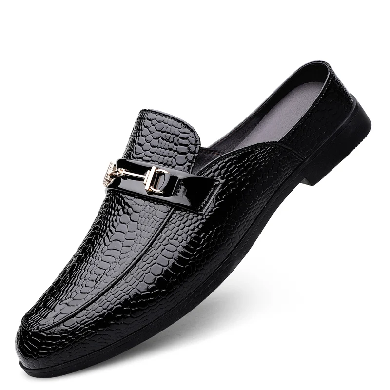 Men Luxury Designer patent Leather Mules Male Summer Fashion Casual Breathable Comfy Sandals Open Back Low-heel Slippers