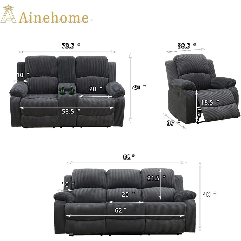 Living Room Furniture Set Recliner Sofa Set Couple Seating Furniture Sofa Set Grey Corduroy (A-Dark Grey Corduroy, 3-Piece Set)