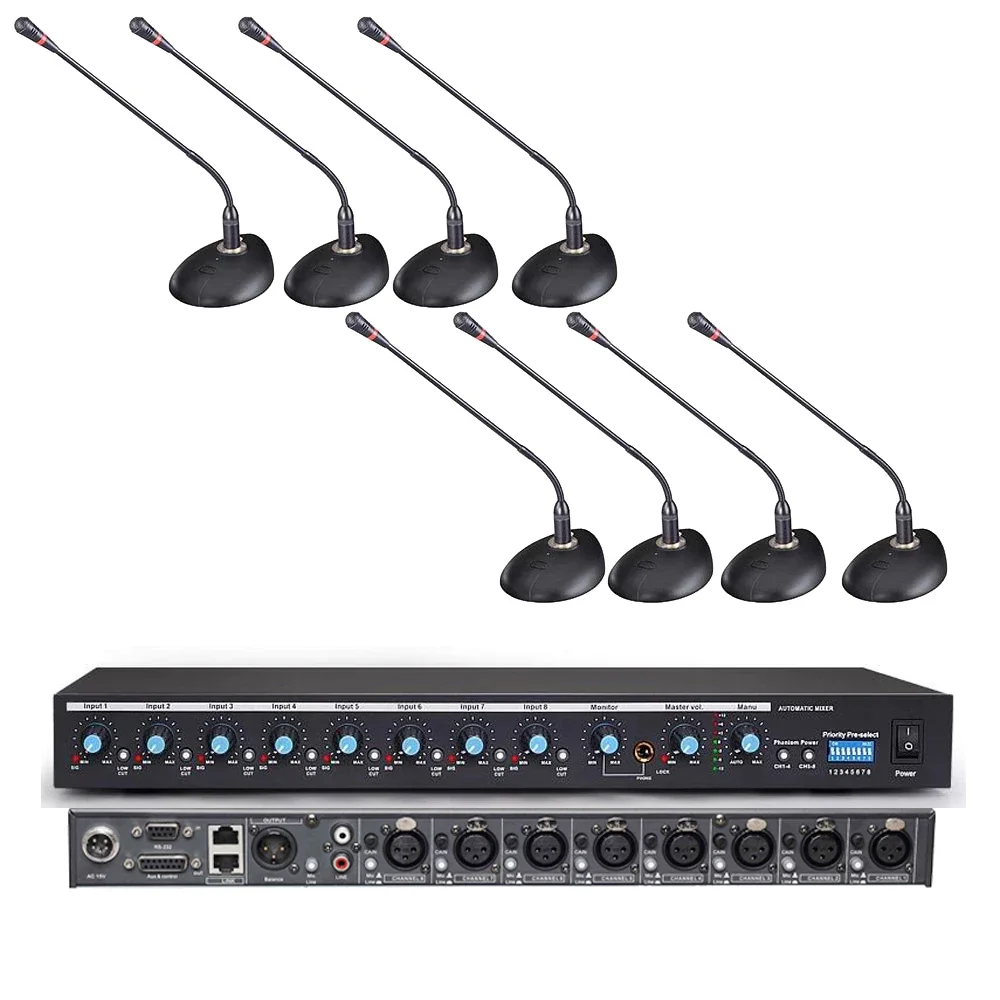 

Pro 1 to 8 Desk Conference Gooseneck Dekstop Microphone 48V Phantom Power Supply Audio Hub 5m Cable Volume Control ECHO BASS