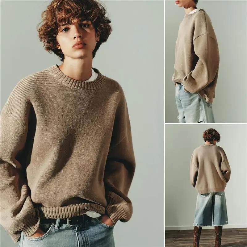 

Ранняя осень Long Sve круглый свободный вязаный свитер в рубчик многослойный повседневный женский трикотаж удобного кроя