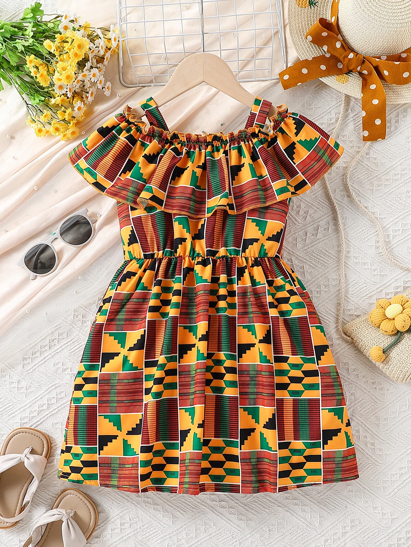 Girls summer exotic geometric pattern off-shoulder ruffled suspender dress