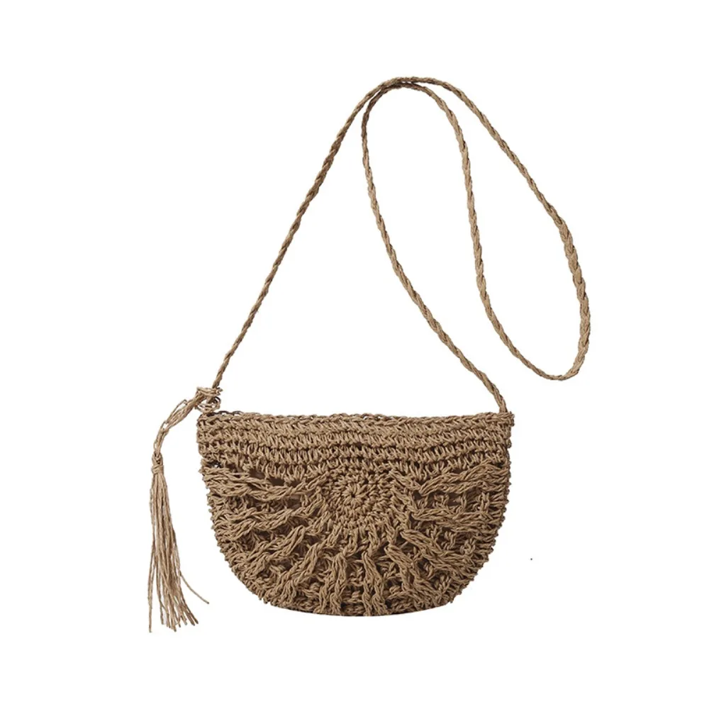 

Fashion Half-round Straw Weave Bag Boho Hollow Woven Shoulder Bag Tassel Handmade Women's Crossbody Bag Vacation