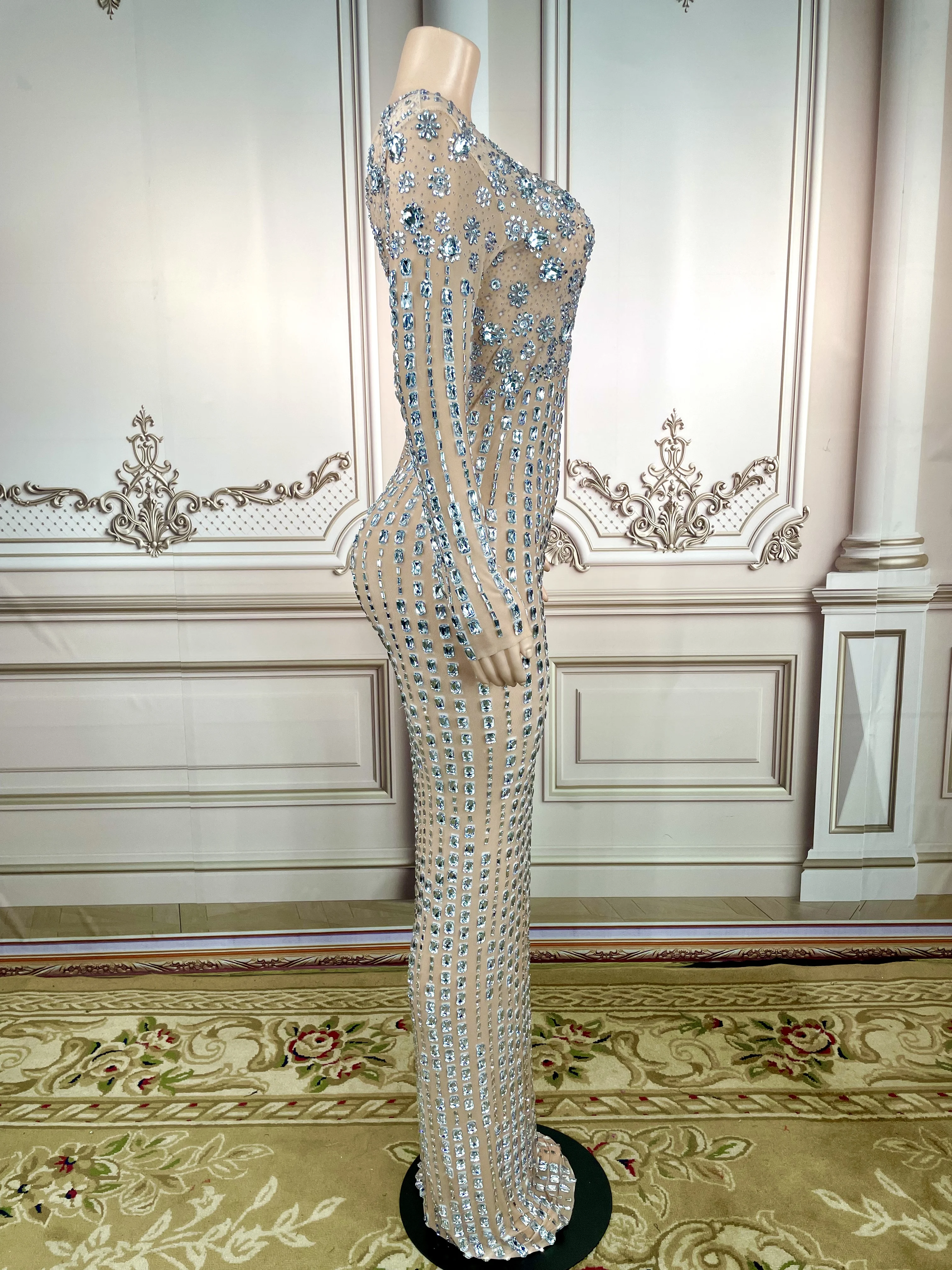 Big Rhinestones Pearls Sleeveless Long Sleeves Mesh Dress Transparent Dancer Performance Birthday Celebrate plus size