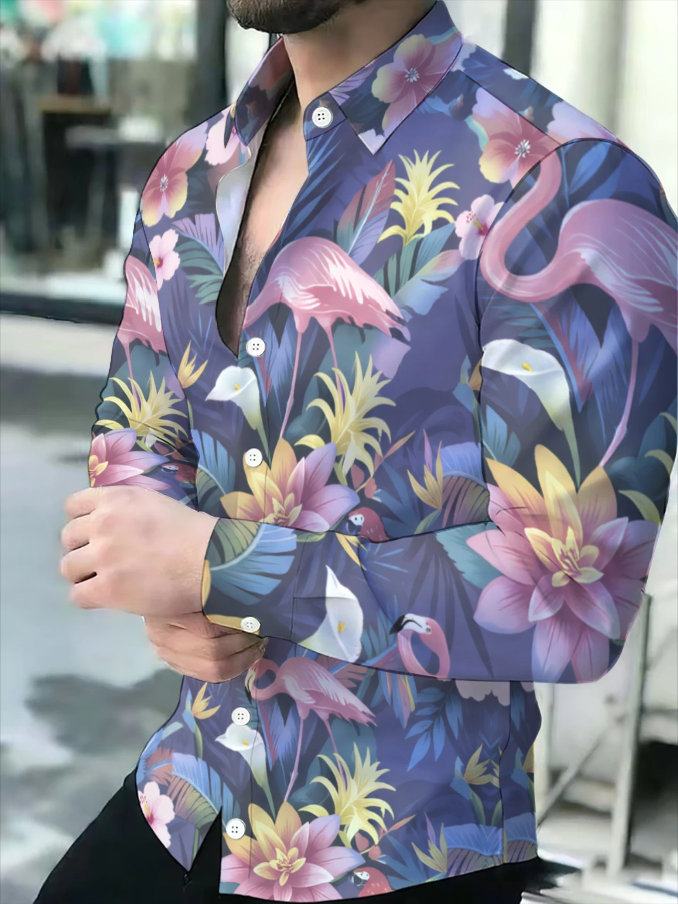 Men Long Sleeve Button Down Shirt Purple Base Flamingo Tropical Floral Print Polyester Lapel Collar Vacation