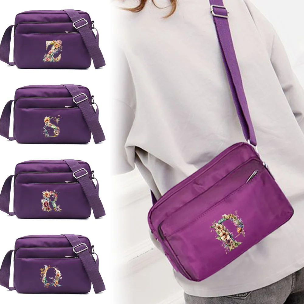 Leisure Purple One Shoulder Crossbody Bag Portable Commuting Large Capacity Floral Letter Series Printing Pattern Storage Bag