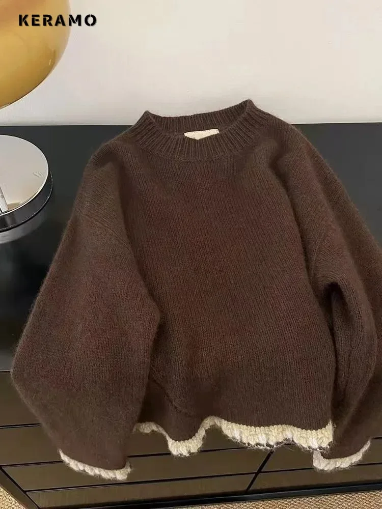 

2025 Winter Women's Vintage Knitting Jumpers Long Sleeve Casual Pullovers Fashion Round Neck Loose Female Patchwork Sweater Top