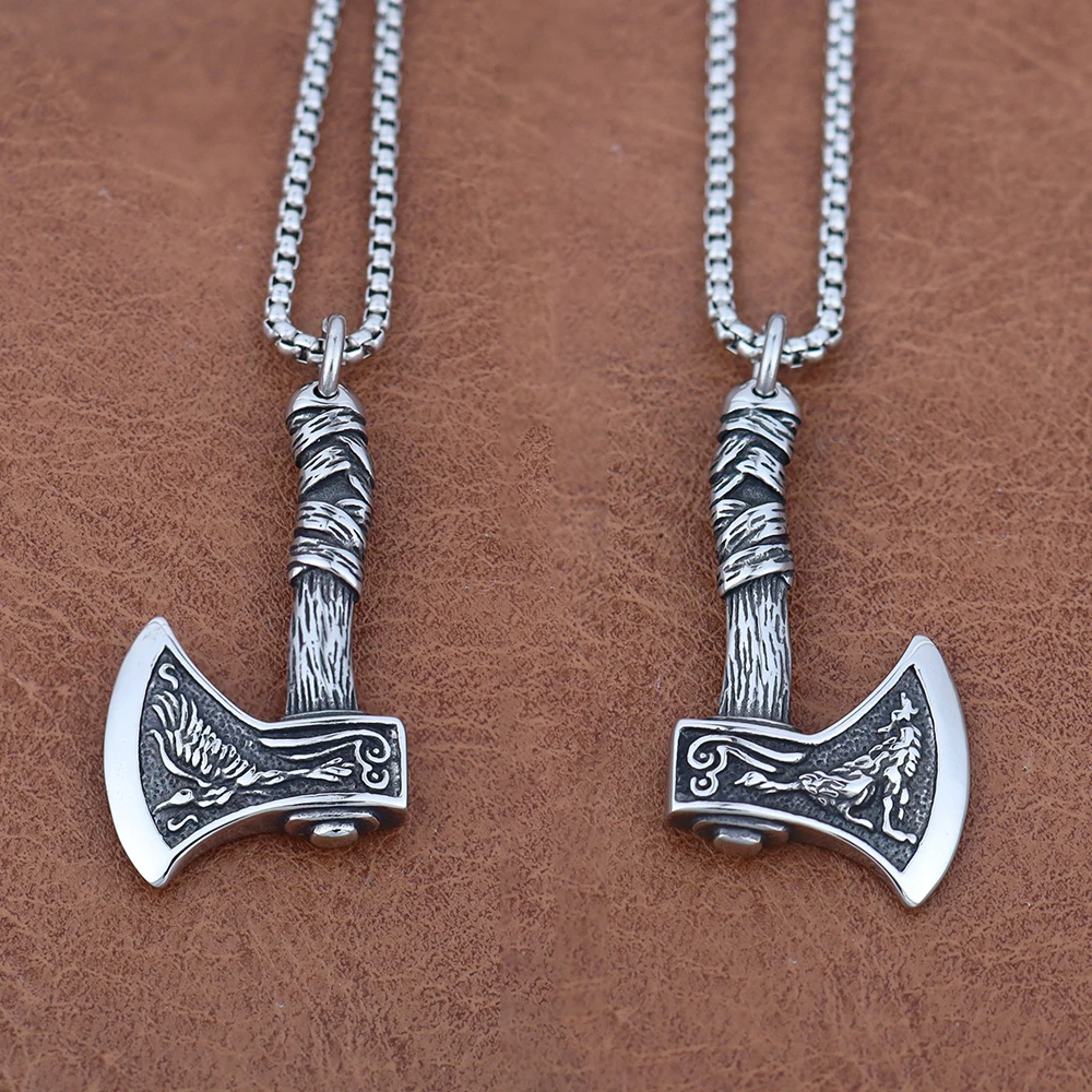 Retro Viking Wolf and Odin Crow Axe Pendant Boutique Stainless Steel Nordic Necklace for Birthday Gift Popular Jewelry Wholesale