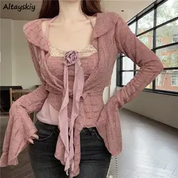 Lace Short Cardigan Women Patchwork Slim Halter Camis Top Sets Flare Sleeve Chic All-match Streetwear Female Graceful Sexy Ins