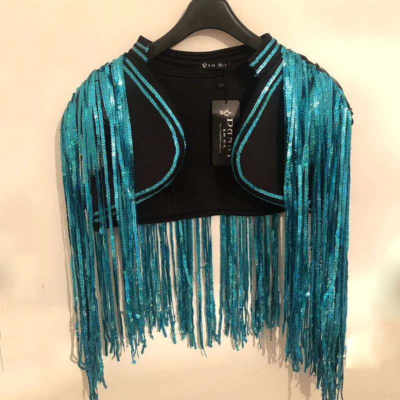 Beyonce Bar Singer DS Costume Men'S Flash Drill Super Long Fringe Tassel Vest Jacket Men Rave Clothes Jazz Sequin Tops DNV10064