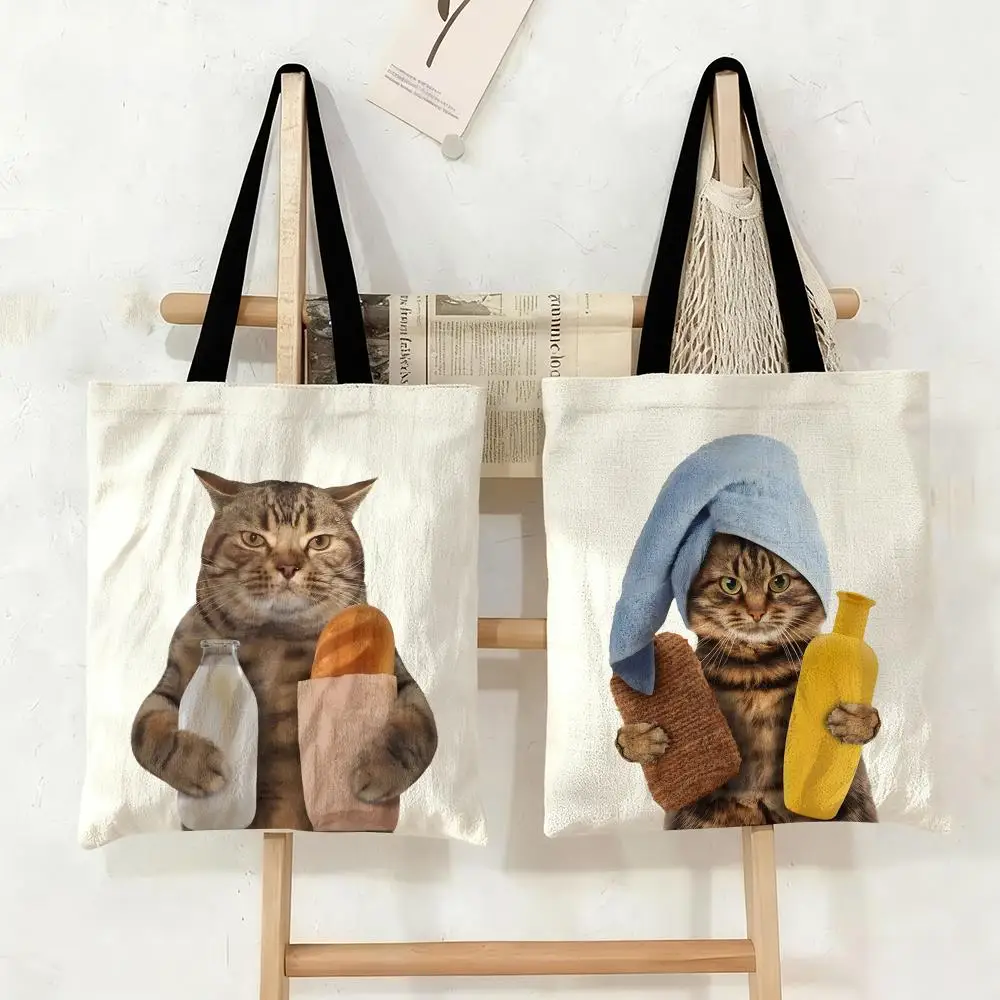 Funny Animal Cat Storage Bags Double-Sided Printed Canvas Tote Bag Eco-Friendly Reusable Large Capacity Handbag