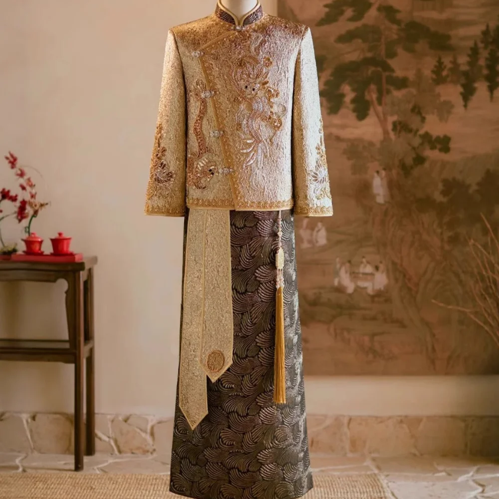 

Свадебный костюм жениха в китайском стиле, роскошная одежда из 2 предметов Тан, свадебный костюм, одежда для тостов невесты, свадебное Ципао с блестками