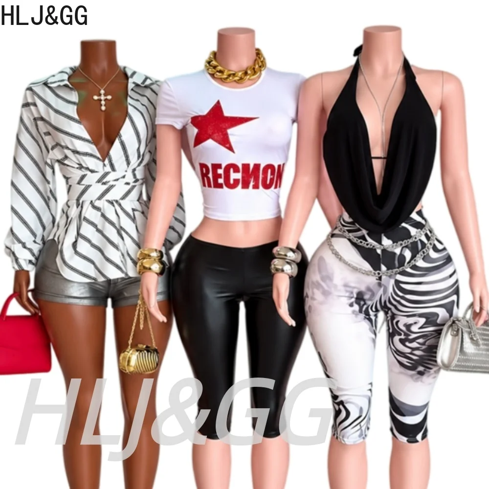 HLJ&GG Women 2 Piece Outfit Set Star Letter Print Crop Top Short Sleeve + High Waist Leather Capri Pants Y2K Streetwear Clubwear