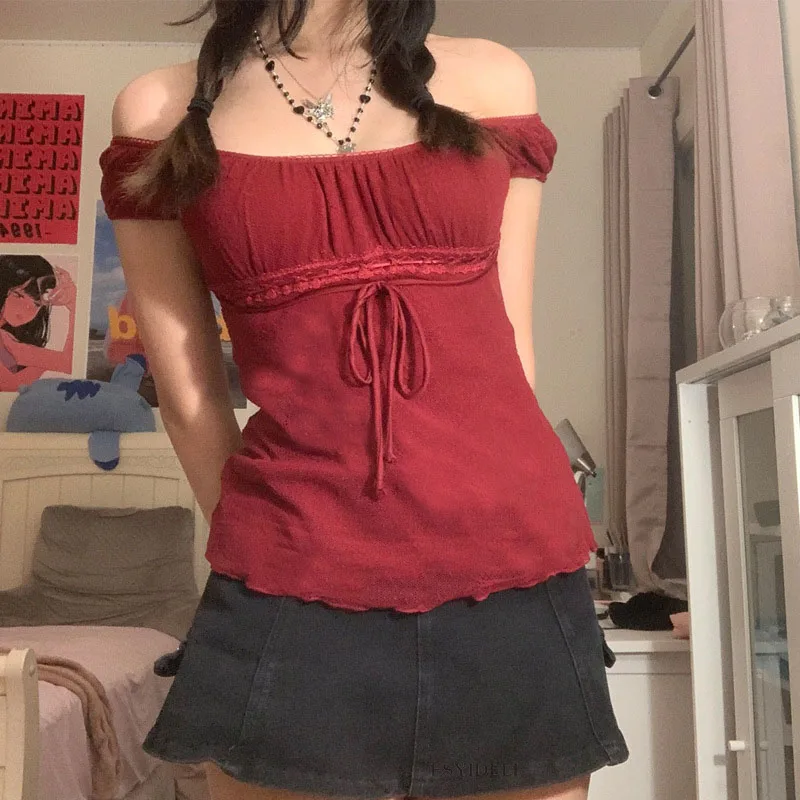 

2000s Aesthetic Sweet Lace Tops Women Off Shoulder Drawstring T-shirt Korean Fashion Female Tee Fairy Grunge Streetwear