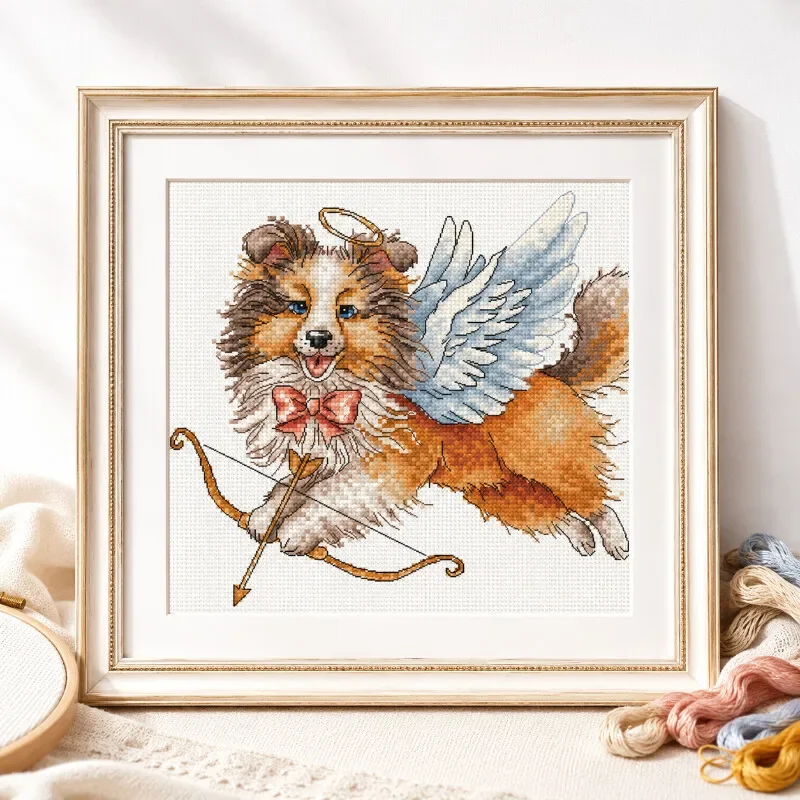 [CC3193-Cupid Dog]Stamped Cross Stitch Kit for Adults and Kids, Easy Pre-Printed Canvas with Cotton Threads and Needles, Handmad