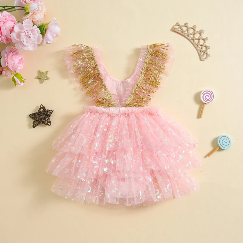 Newborn Infant Baby Girl Summer Romper Cute Sleeveless Scoop Neck Star Moon Print Bodysuit Dress Newborn Tulle Clothes