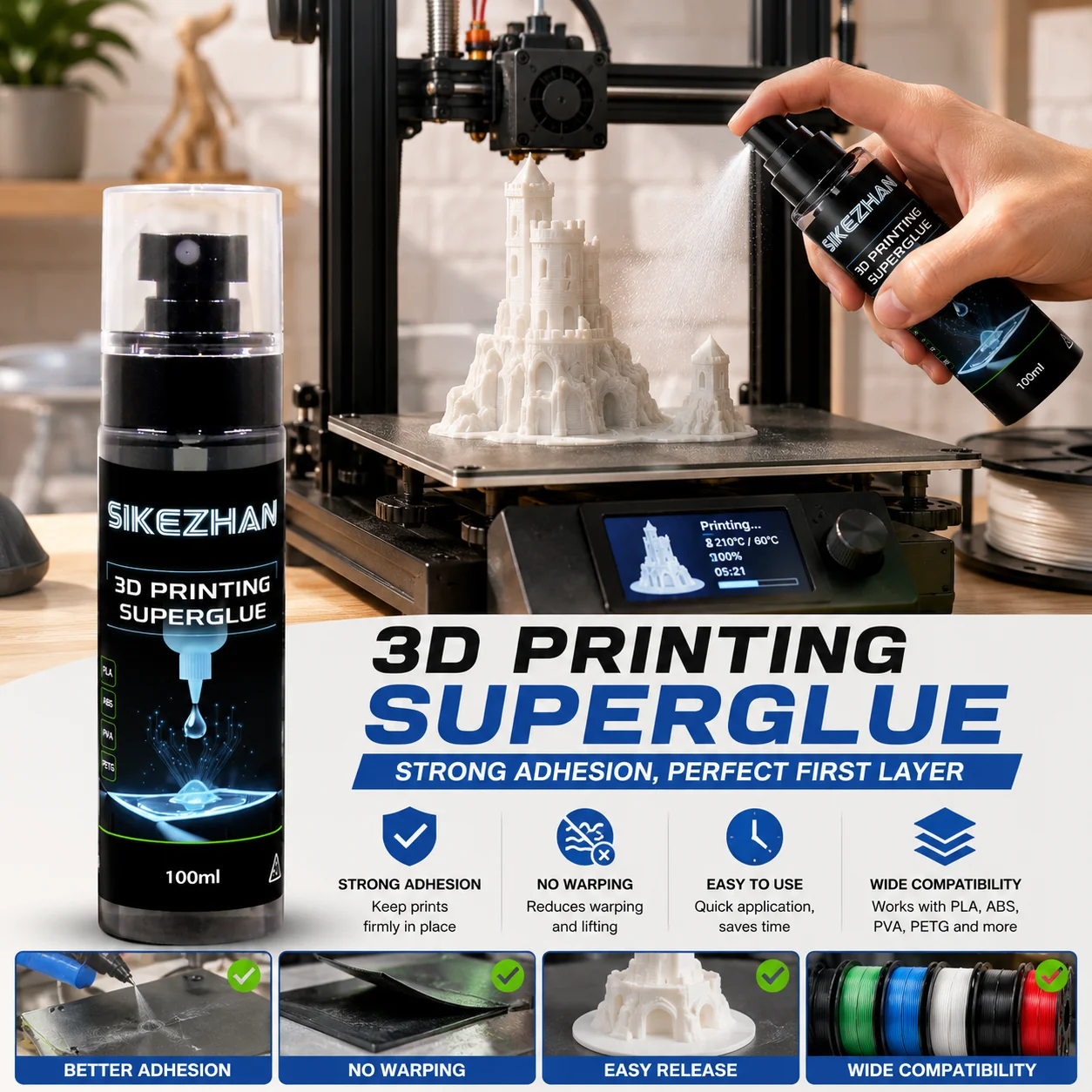 

Professional 100ml 3D Printing Glue SIKEZHAN Heat Bed Adhesive for Glass PEI Build Plate Strong Stick for PLA ABS PETG PVA
