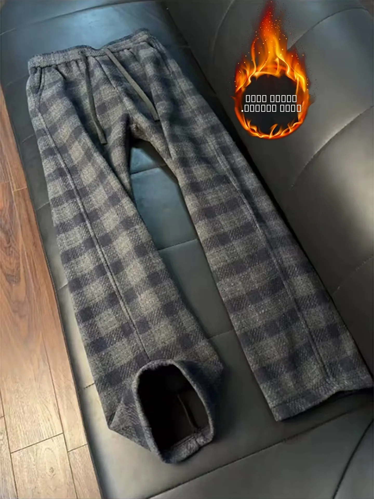 

Blue ey Woolen Plaid Men's Winter Lazy Sle Drapey Fce Lined Thiened Sweatpants Straight Casual Long Trousers