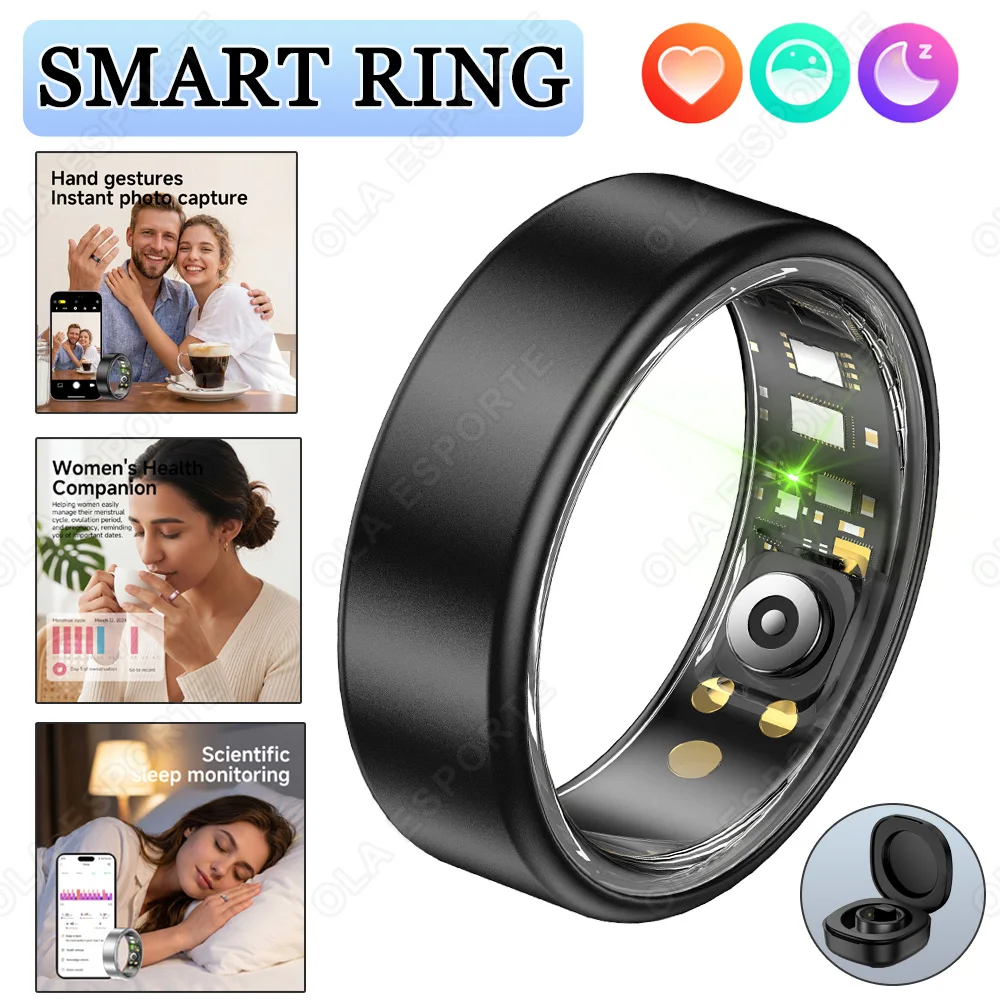 Neuer Smarter Ring Ola Esporte Farbenfroher Vollgrößen-Ring 6-14 Herzfrequenz Blutdruck Gesundheits-Smartring Fotoaufnahme Wasserdichter Ring mit Etui