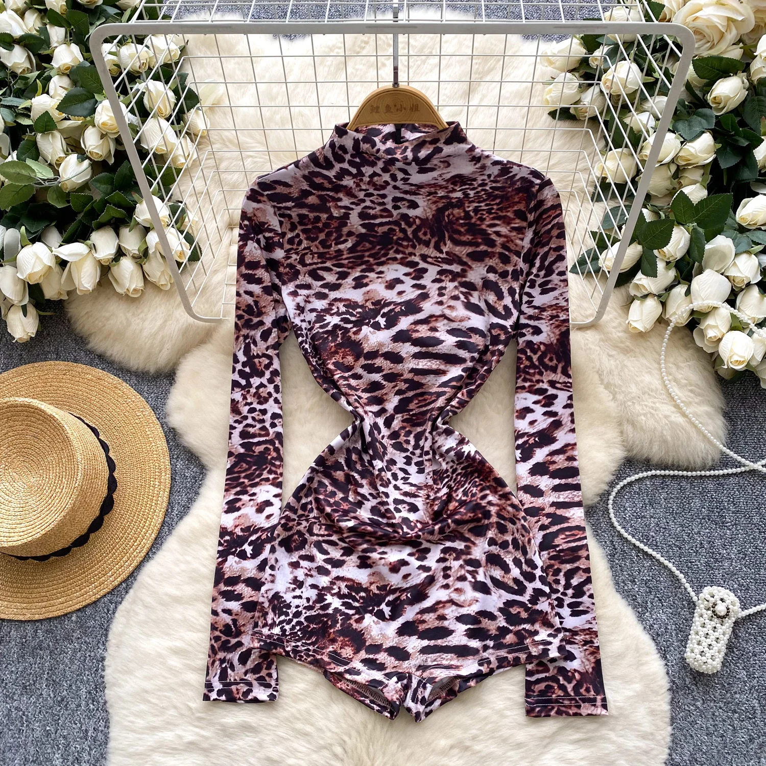 

Chic leopard long sleeve Jumpsuit Vintage High Waist Romper Casual Spring Summer Women Playsuit