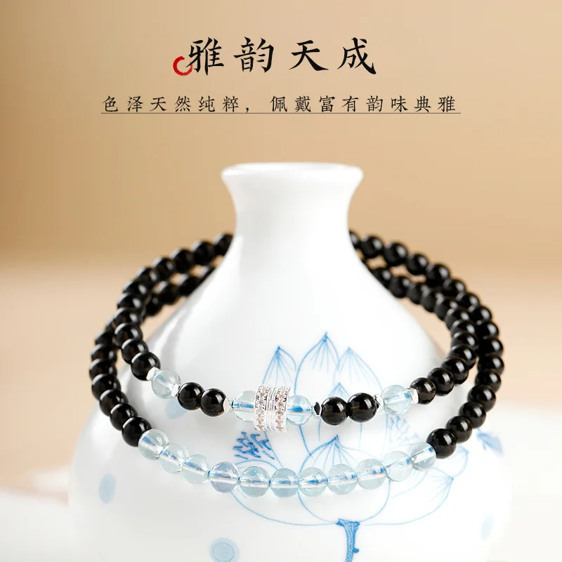 Natural Obsidian Aquamarine Double Strand Small Bead Bracelet for Women Summer Half Mountain Half Water Hand Jewelry Gifts