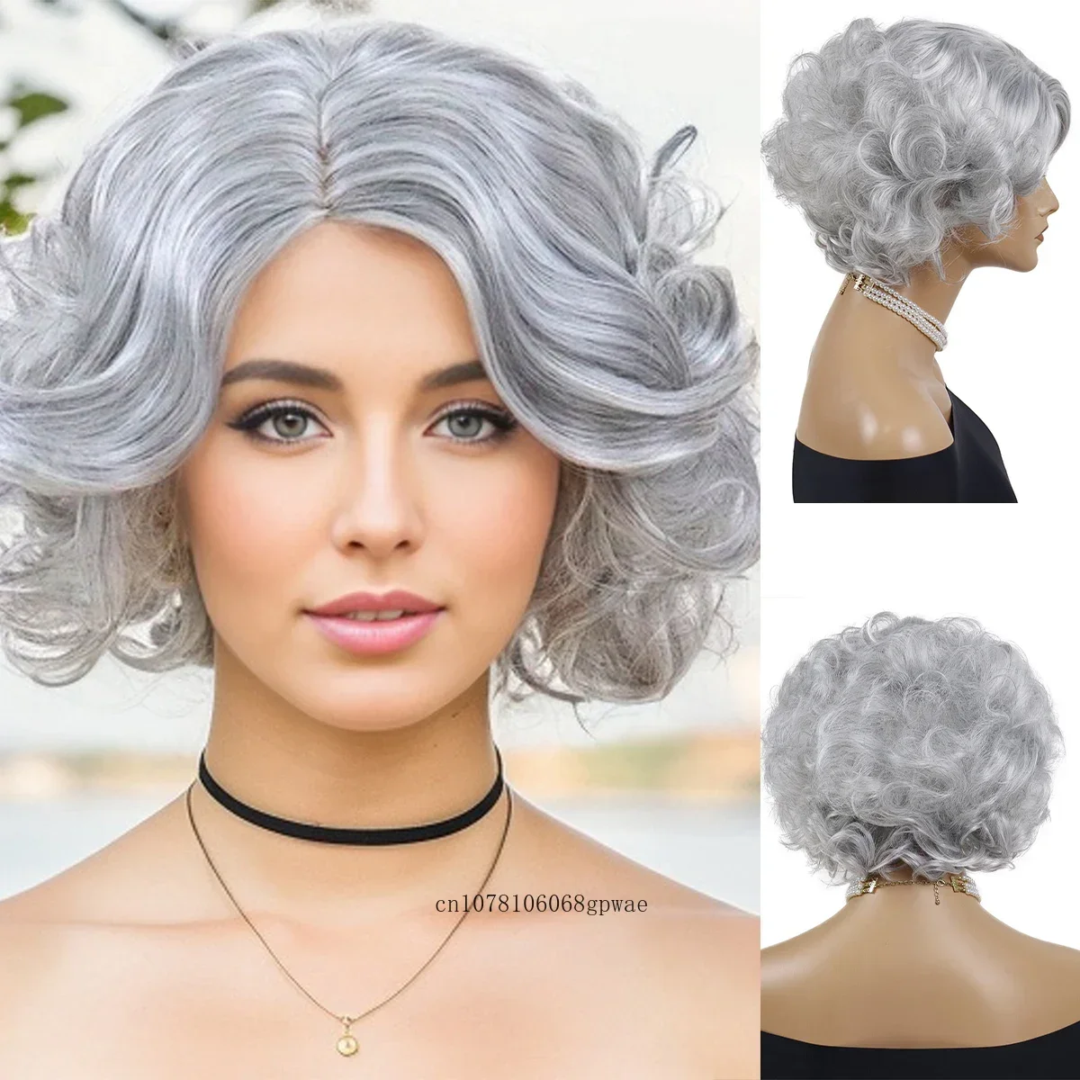 Synthetic Hair Silver Grey Curly Wig for Women Older Grandma Cosplay Costume Party Female Short Wigs Side Parting Heat Resistant