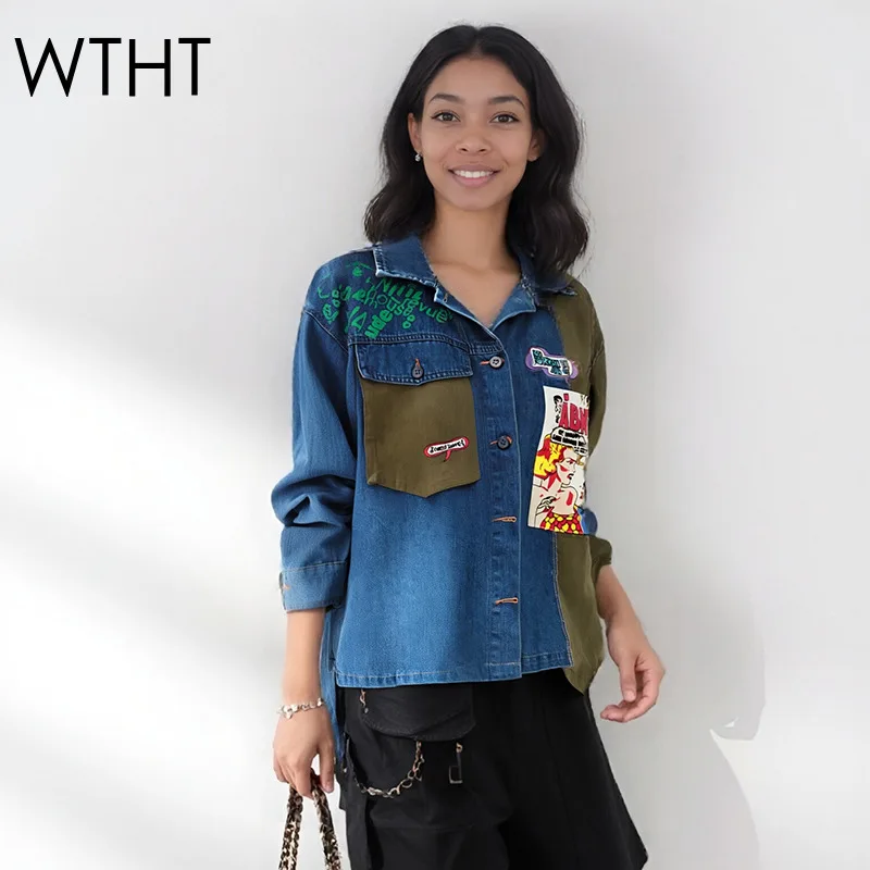 

WTHT Fashion New Women's Patchwork Cartoon Print Design Loose Denim Jacket 2025 Summer Lapel Long Sleeves Coat Female 1LS2171