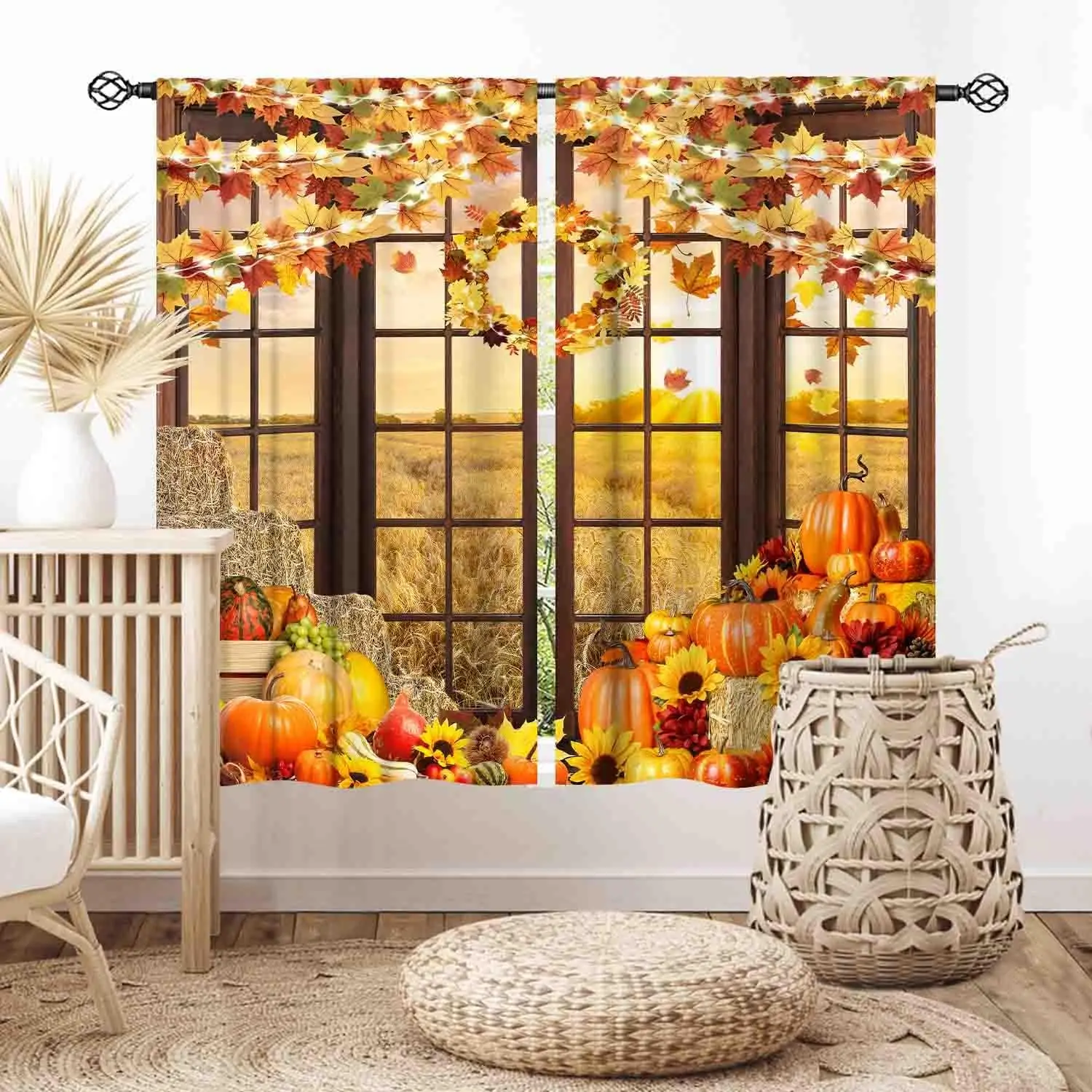 Autumn Curtains, Farmhouse Thanksgiving Fall Pumpkin Maple Leaves Sunflower Rustic Country Harvest Blackout Window Drapery for