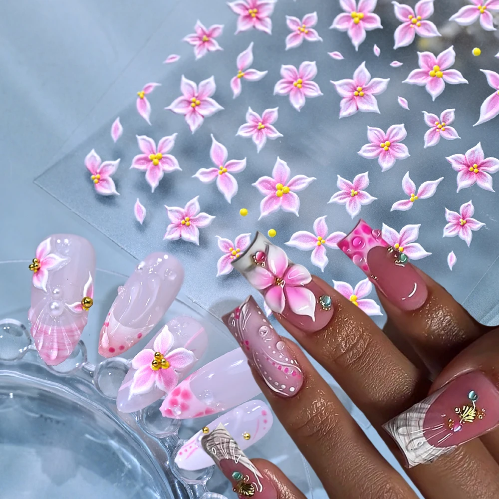 Summer New Style 5D Five-petaled Flower Nail Art Stickers Pink White Gradient Floral Pure and Elegant Flower DIY Nail Decoration