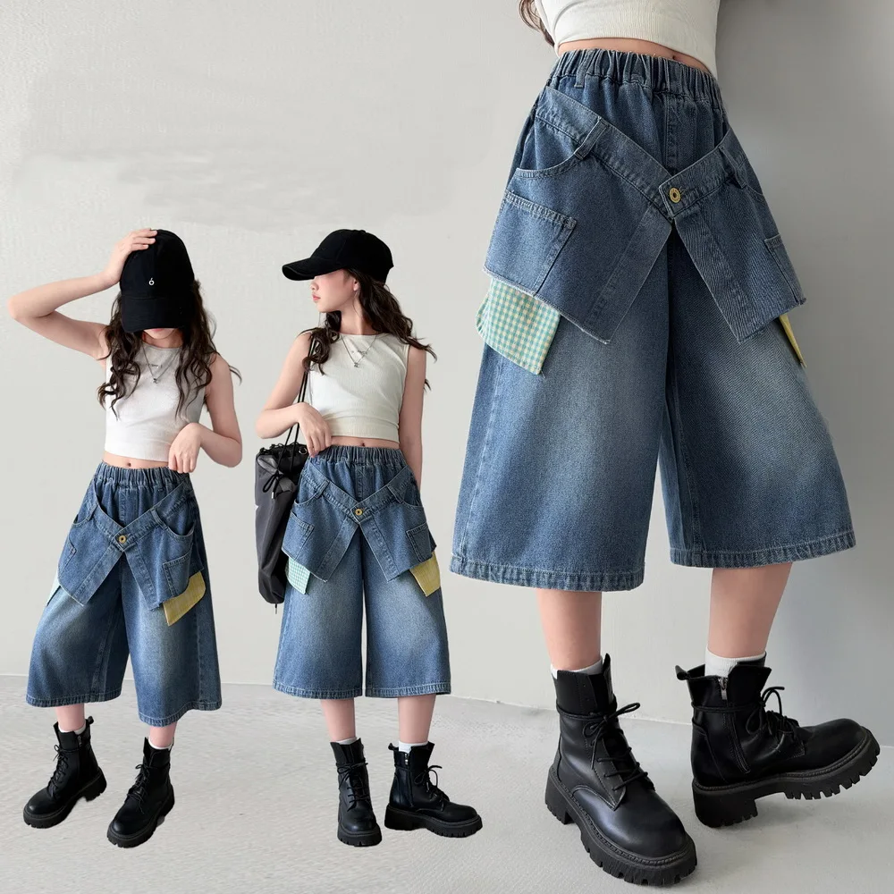 Girls' Trendy Knee-Length Denim Shorts with Fart Curtain for Children's Fashion Cool Summer Short Jeans Kids Five Point Pants