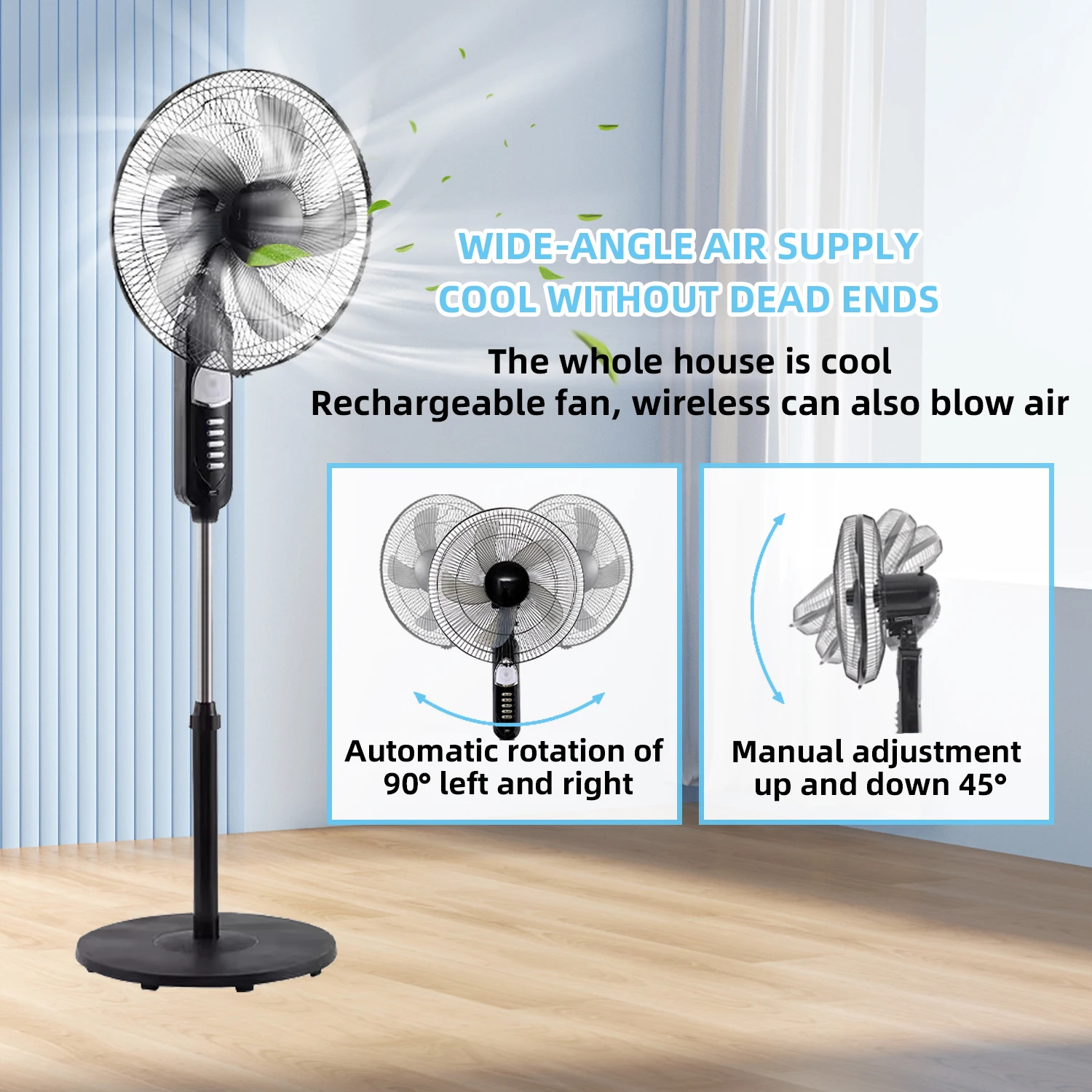 Portable Standing Fan with Solar Panel, Battery & Solar Powered Fan, 3 Speeds Quiet Rechargeable Fan for Home Bedroom Camping