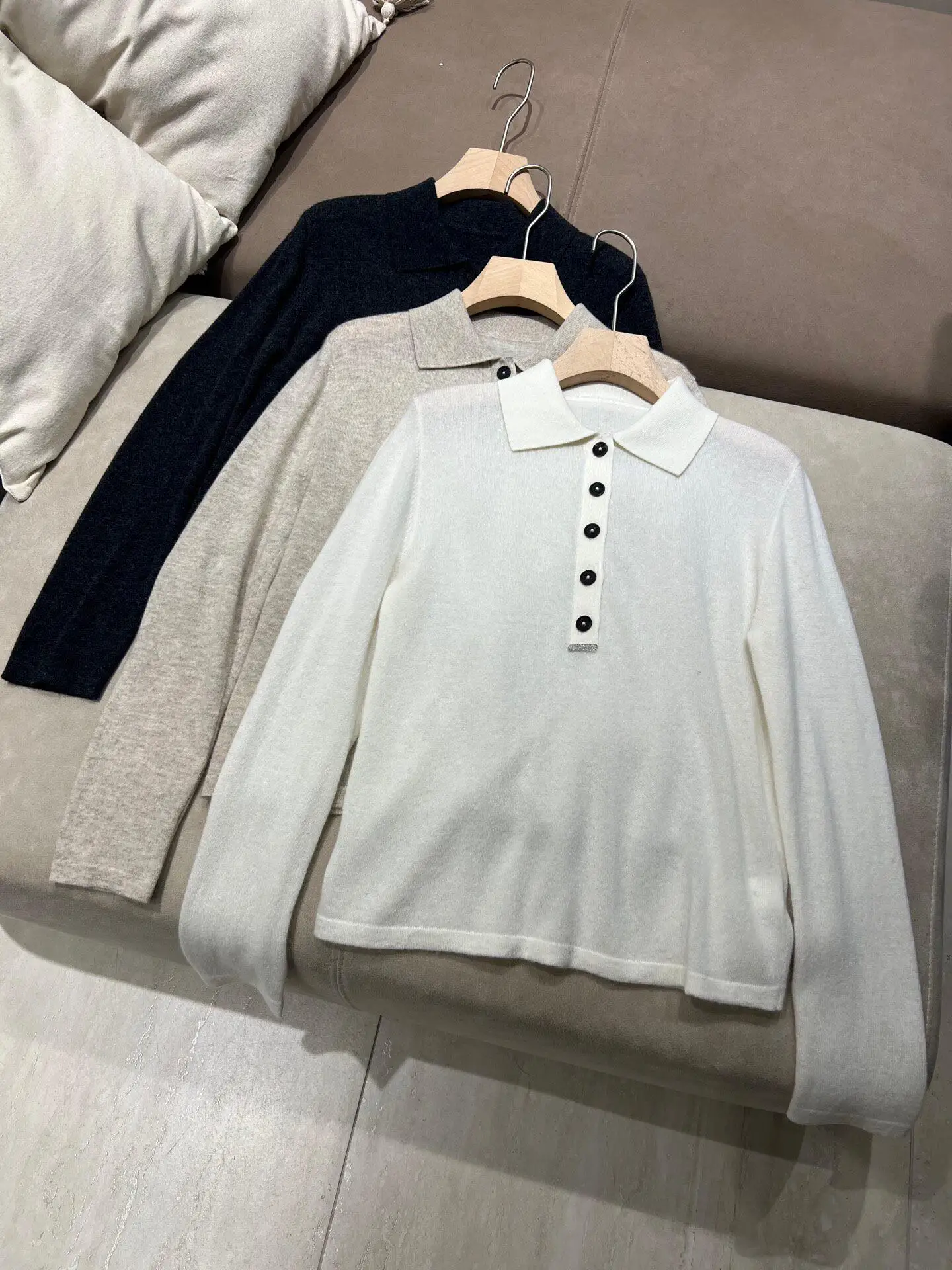 Women Polo Neck Cashmere Knit Sweater Thin Anti-Static Lapel Long Sleeve Inner Top Autumn Winter