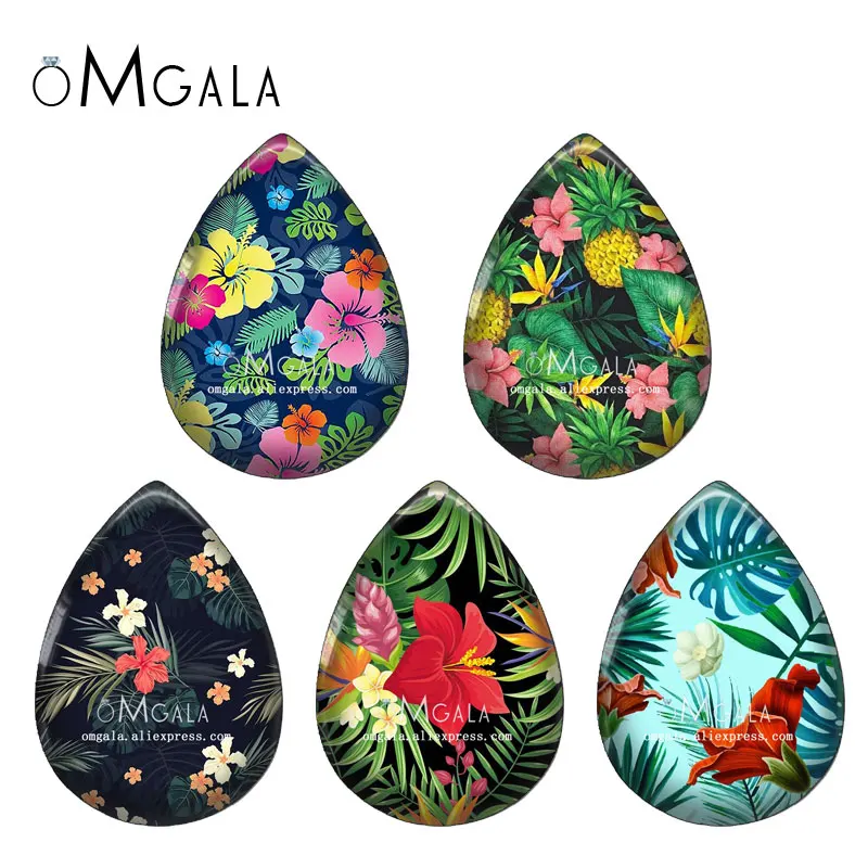 Fashion Tropical Platns and Flower Illustrations 13x18/18x25mm Photo Glass Cabochon Flat Back For DIY Jewelry Making Findings