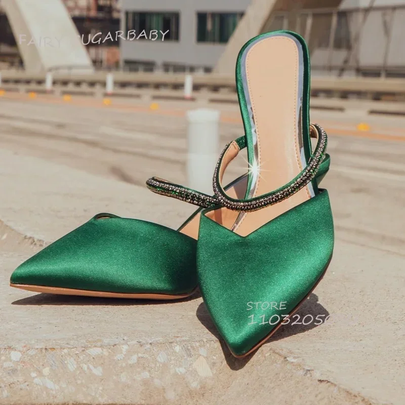 

Slippers Rose Red Light Heels Girls Satin Silver Crystal Bling Green Silk Trip Strap Sandal Sexy Dress Pointed Gold Spring Shoes