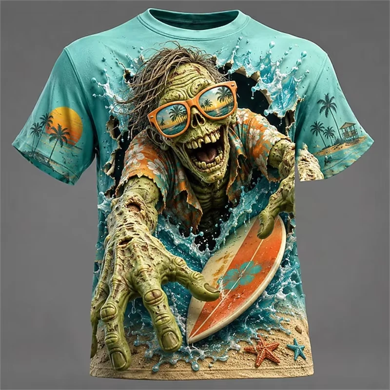2026 Fashion Street Style Round Neck T-shirt Creative Horror Zombie Print Men's and Women's Halloween Party Costume