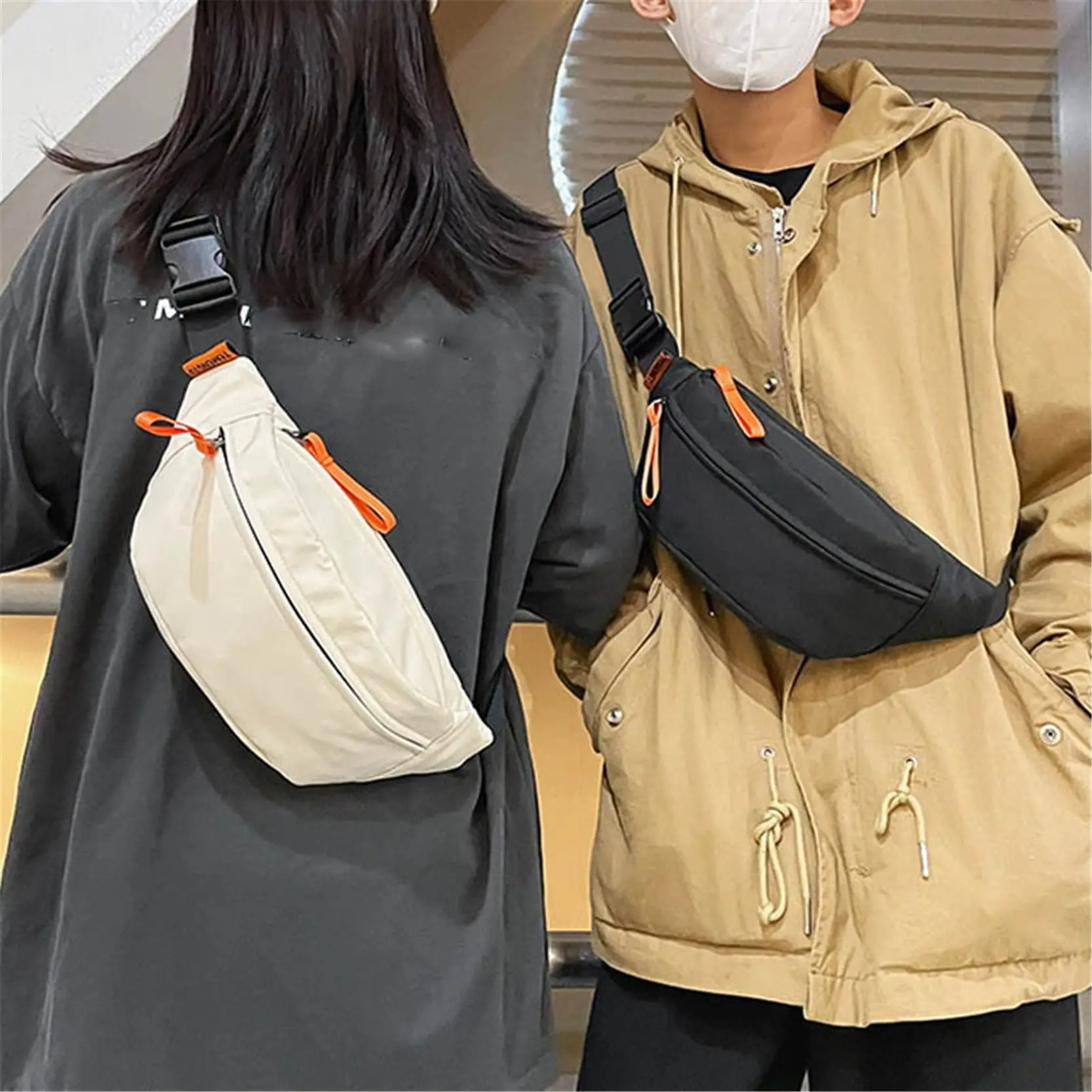 Solid Color Nylon Waist Bag Adjustable Shoulder Strap Large Capacity Men Chest Bag Banana Bag Fanny Pack Diagonal Shoulder Bag