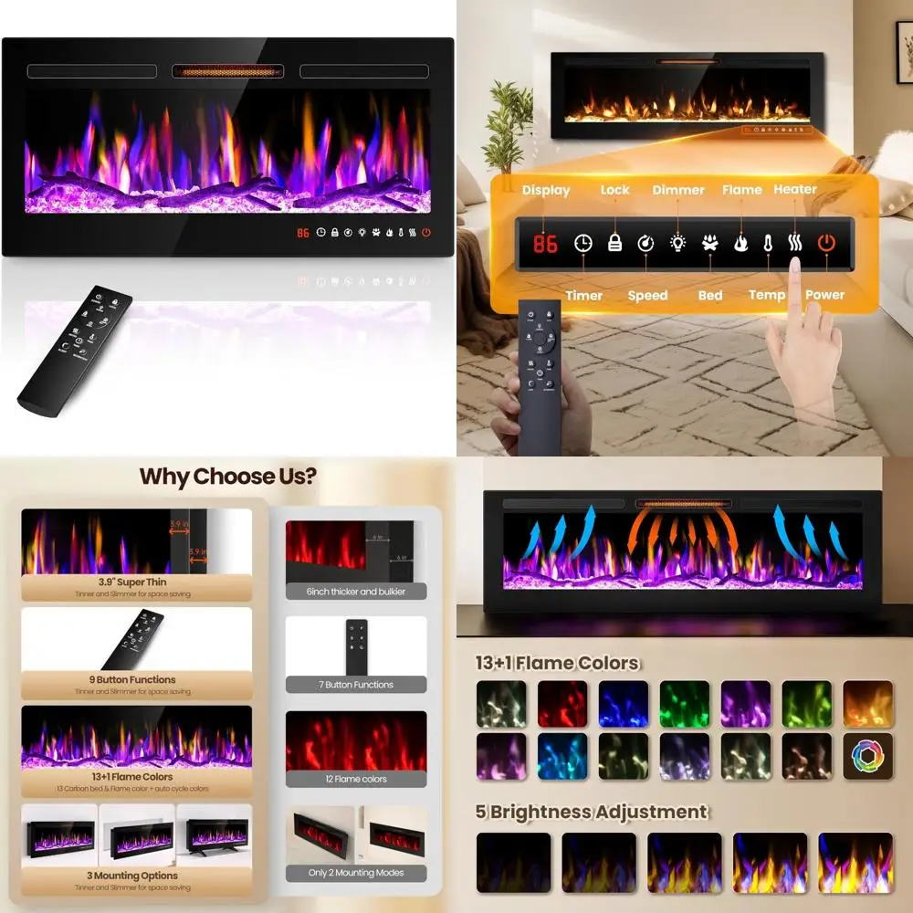 

Ультратонкий настенный линейный электрический каминный обогреватель, встраиваемый отдельно стоящий дизайн с 13 регулируемыми настройками для современного хо