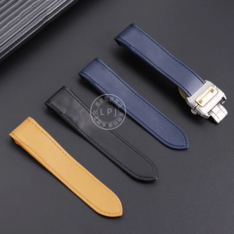 23mm Soft Cowhide Lea-ther watch strap For Cartier Sandoz Santos 100 Men Folding buckle Watchband black Khaki blue bracelet