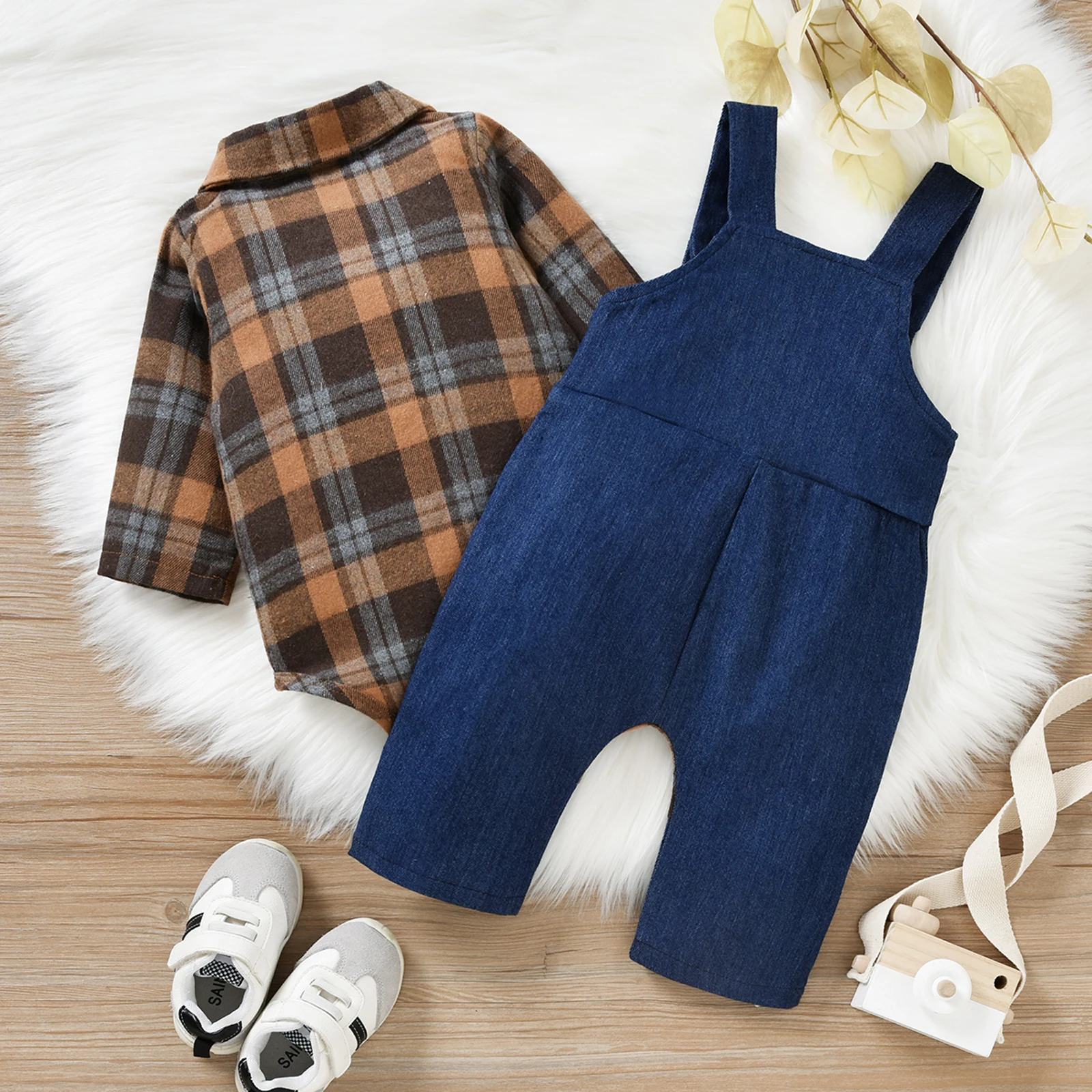 2024 Winter New Baby Boy 2Pcs Outfit Long Sleeve Plaid Romper Cartoon Dog Pattern Long Suspender Pants Overalls for 0-18Months