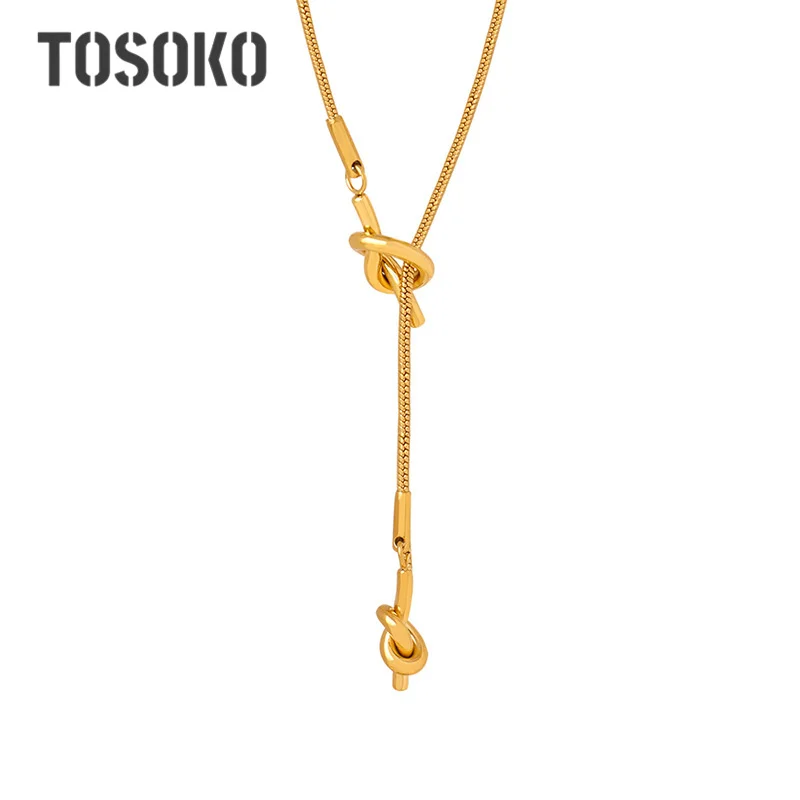 TOSOKO Stainless Steel Jewelry Long Sweater Chain Heart Knot Tassel Adjustable Necklace Women's Fashion Chain BSM045