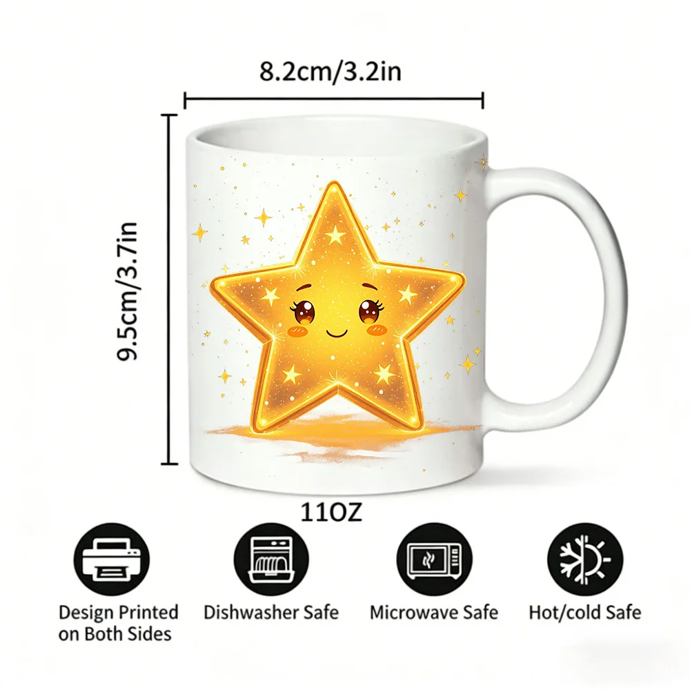 11oz Kawaii Glowing Star Print Ceramic Mug Cute Smiling Star Coffee Cup, Milk Cup, Office Tea Cup, Gift for Friends