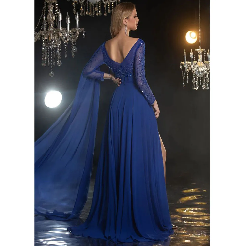 Elegant Fashion Blue Green Evening Party Dresses O-Neck Floor Length Full Sleeves A-Line Sexy Illusion Shiny Women Prom Gowns