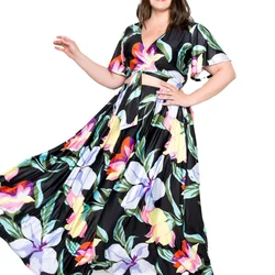 Vestido de malha plus size para mulheres, flores coloridas elegantes e magníficas