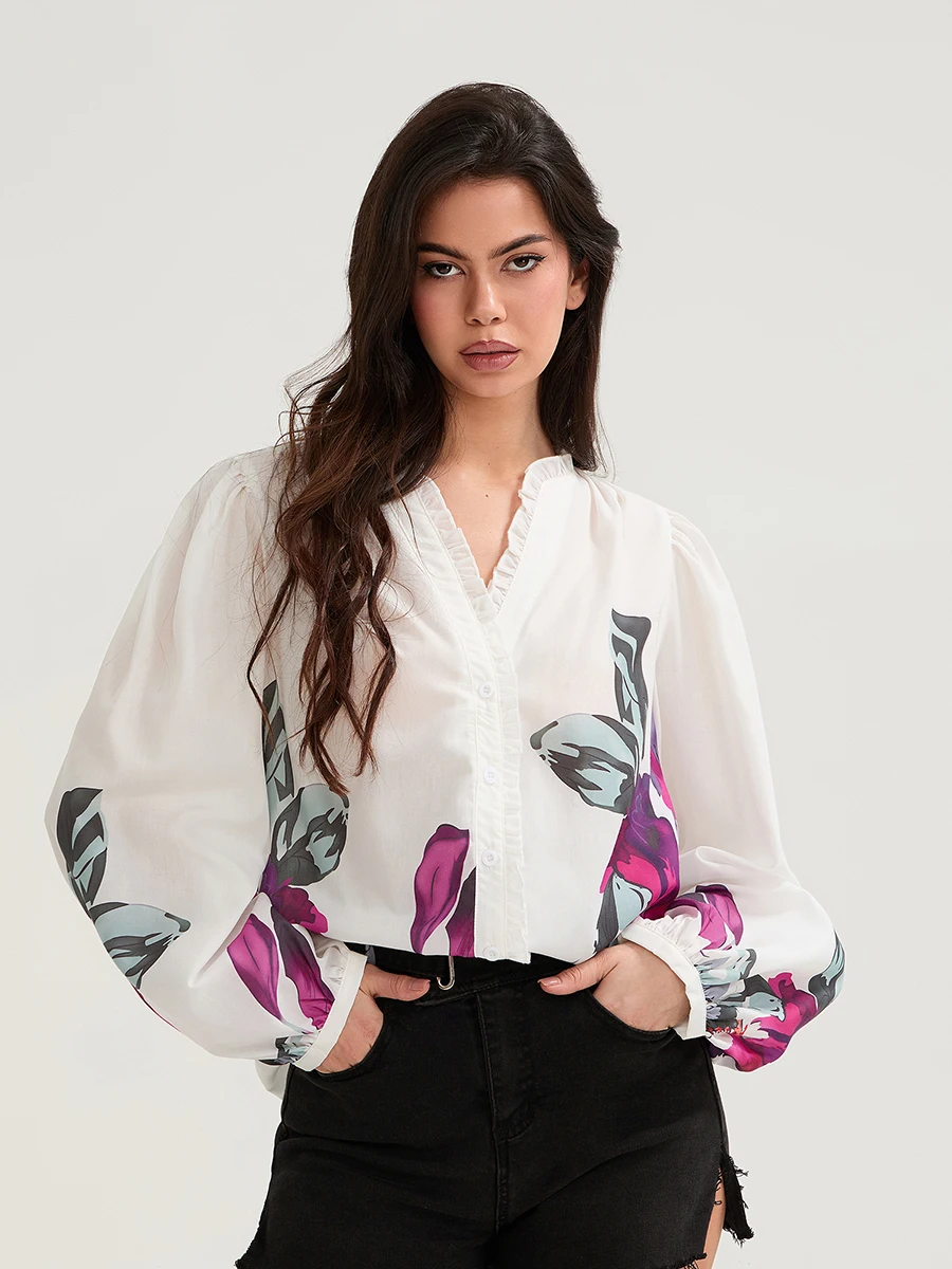 GuliriFei Women Long Sleeve Shirts Floral Print Ruffles Button Down Fashion Blouses Spring Loose Casual Tops Streetwear