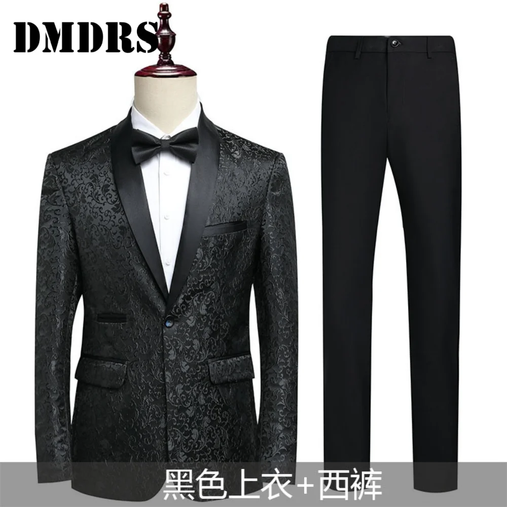 2026 Grooms 2PCS Black Jacquard Suit Set Elegant Formal Wedding Party Outfit Featuring Intricate Patterns Satin Accents