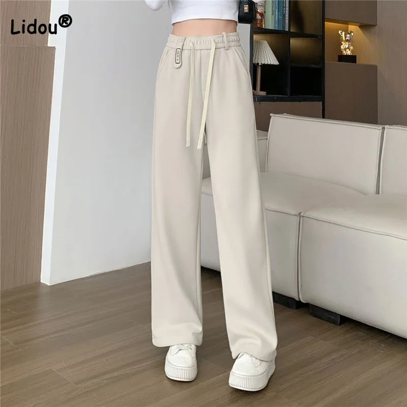 Casual All-match Solid Color Wide Leg Pants Autumn Winter Women's Clothing Fashion Warm Elastic High Waist Trousers for Female
