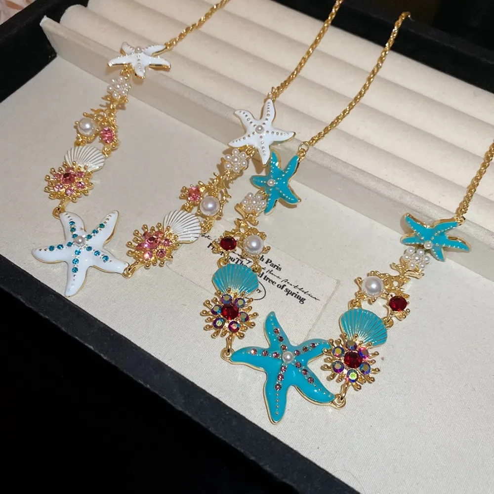 Ожерелье из ракушек морской звезды из сплава со стразами и жемчугом, богемное ожерелье из ракушек, ювелирные изделия, регулируемые