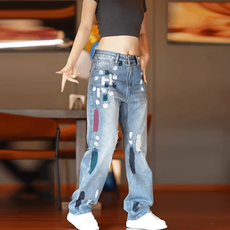 

Мужские джинсы в стиле ретро American Fit, с цветными вставками, модные, плотные, прямого кроя, из хлопка со стрейчем, для повседневной носки